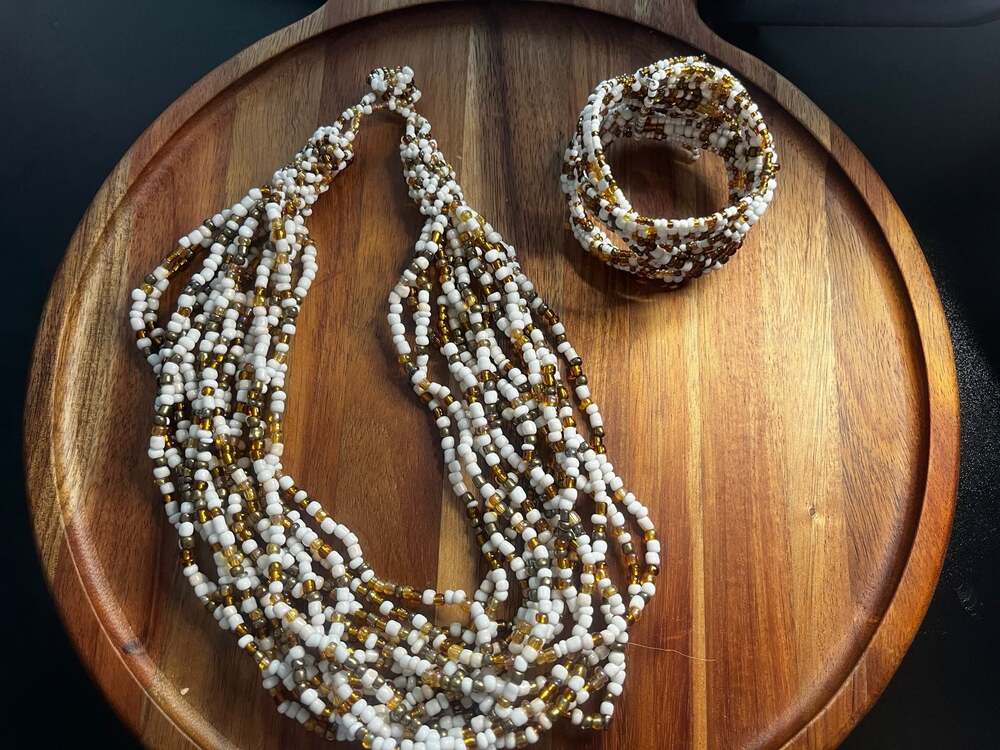 Handmade Multi-Strand Seed Bead Necklace and Cuff Bracelet Set White and Gold